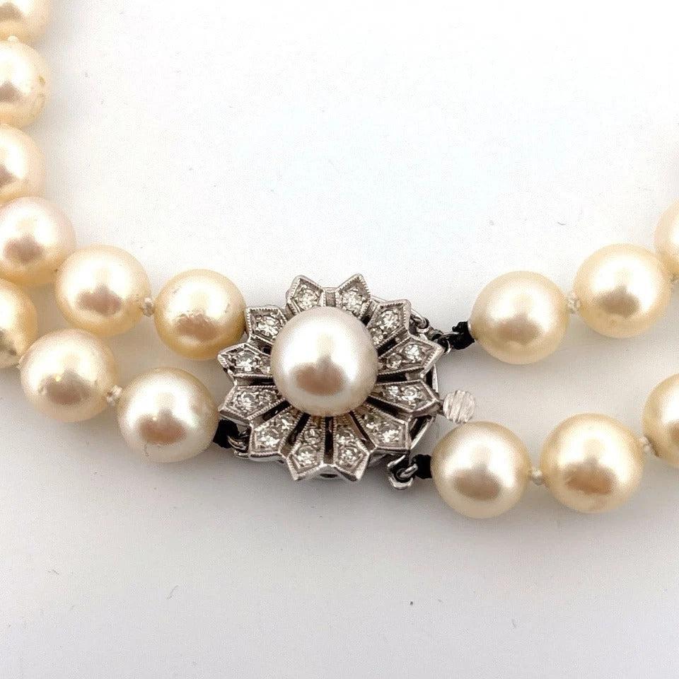 Vintage Double Strand 14K White Gold & Diamond Clasp 8.50mm Akoya Pearl Necklace - Devine & Co.