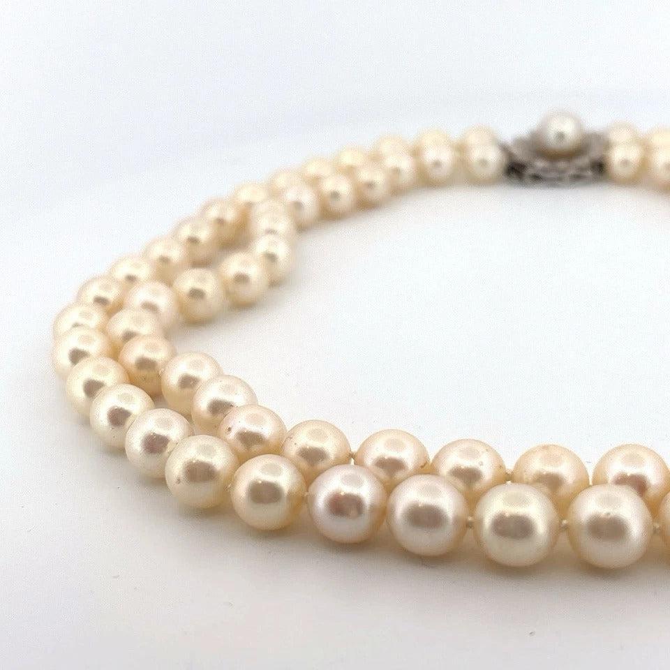Vintage Double Strand 14K White Gold & Diamond Clasp 8.50mm Akoya Pearl Necklace - Devine & Co.