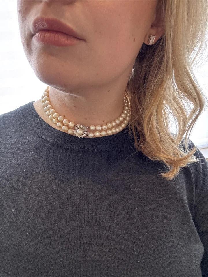 Vintage Double Strand 14K White Gold & Diamond Clasp 8.50mm Akoya Pearl Necklace - Devine & Co.