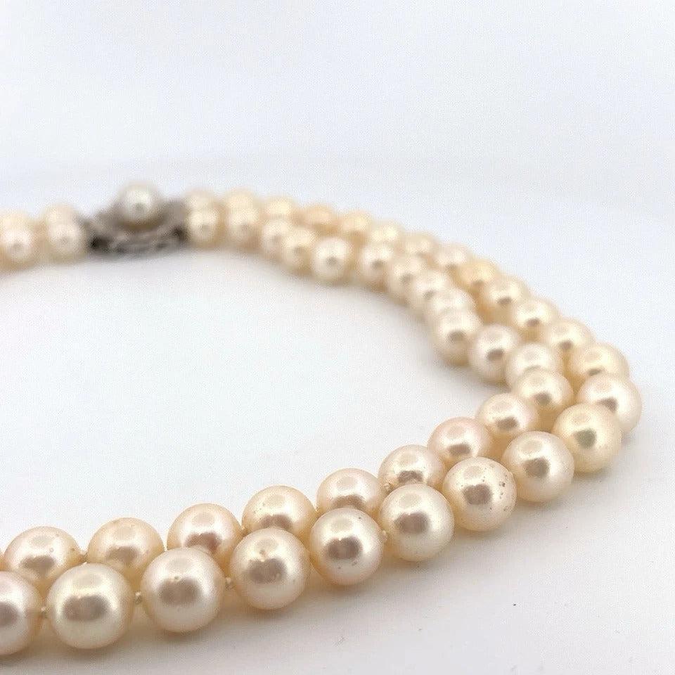 Vintage Double Strand 14K White Gold & Diamond Clasp 8.50mm Akoya Pearl Necklace - Devine & Co.