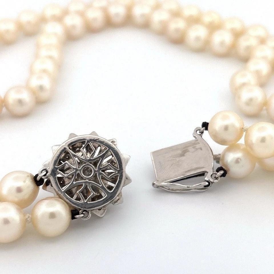 Vintage Double Strand 14K White Gold & Diamond Clasp 8.50mm Akoya Pearl Necklace - Devine & Co.