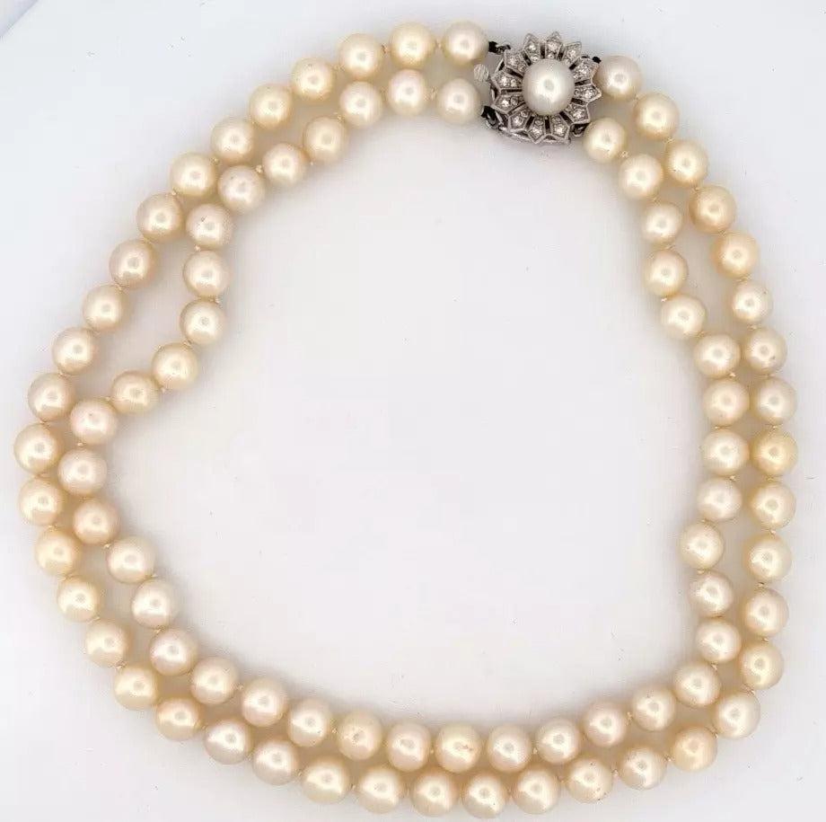 Vintage Double Strand 14K White Gold & Diamond Clasp 8.50mm Akoya Pearl Necklace - Devine & Co.
