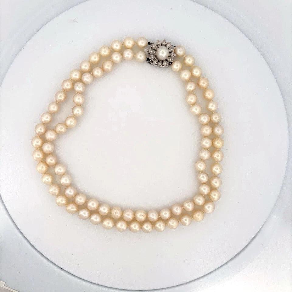 Vintage Double Strand 14K White Gold & Diamond Clasp 8.50mm Akoya Pearl Necklace - Devine & Co.