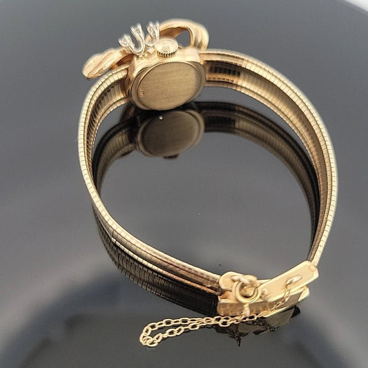Vintage Hamilton 14K Yellow Gold Hidden Watch Bracelet Florentine Leaf Diamonds - Devine & Co.