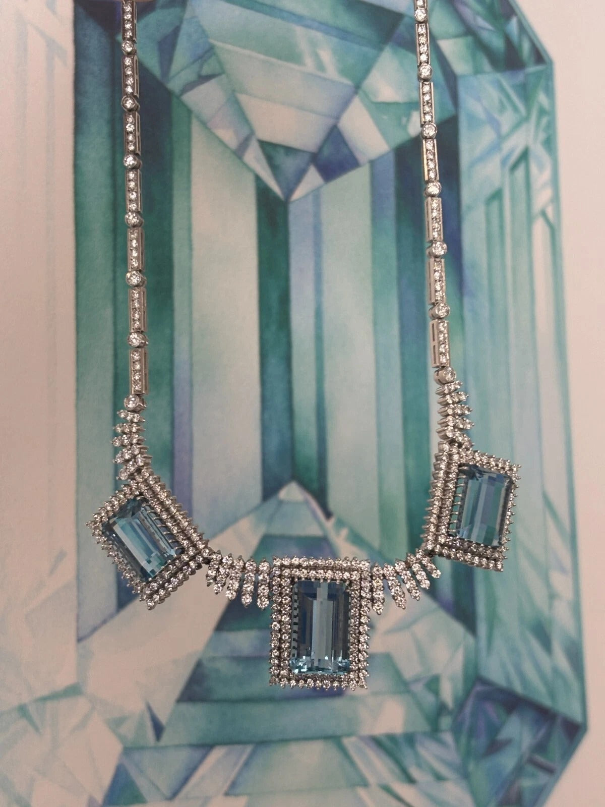 Custom 14K White Gold Natural Aquamarine & Diamond 46CTW Necklace Earring Suite - Devine & Co.
