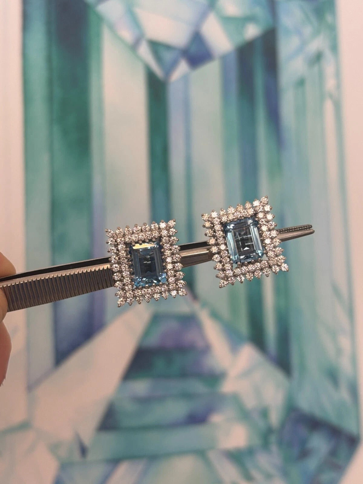 Custom 14K White Gold Natural Aquamarine & Diamond 46CTW Necklace Earring Suite - Devine & Co.