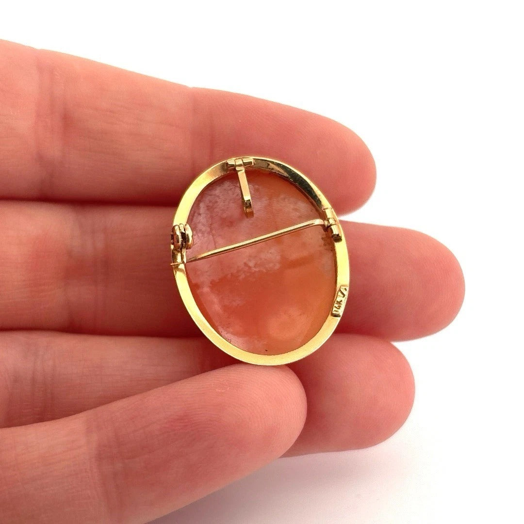 Vintage Hand-Carved Shell Cameo 14K Gold 3.57g Pendant Brooch 3.75cm x 2cm