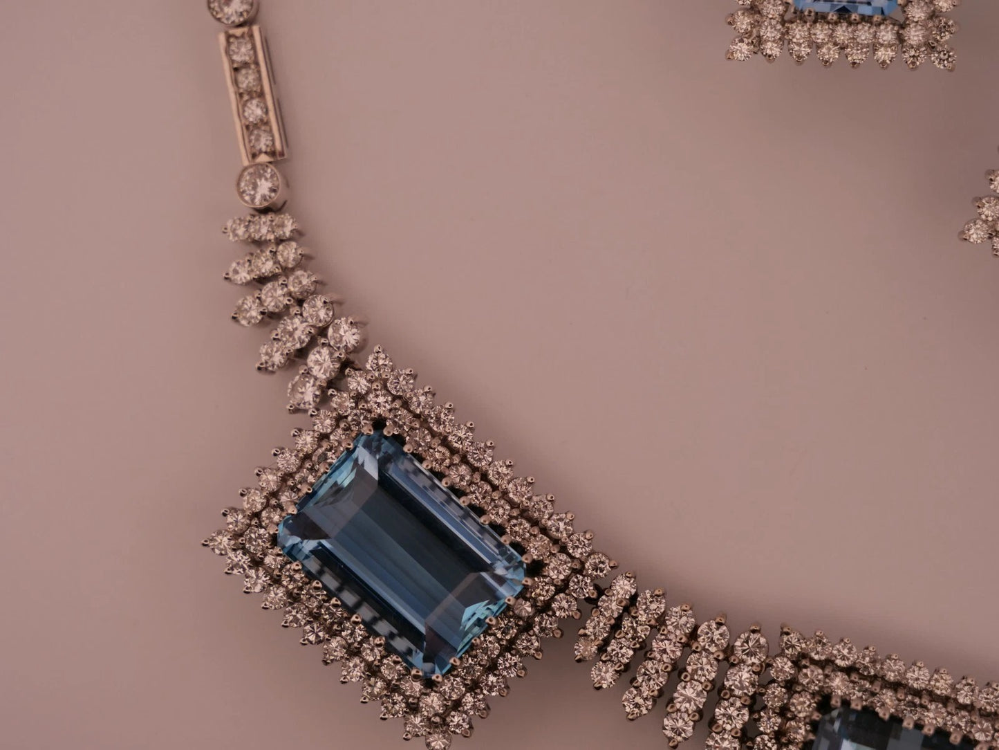 Custom 14K White Gold Natural Aquamarine & Diamond 46CTW Necklace Earring Suite - Devine & Co.