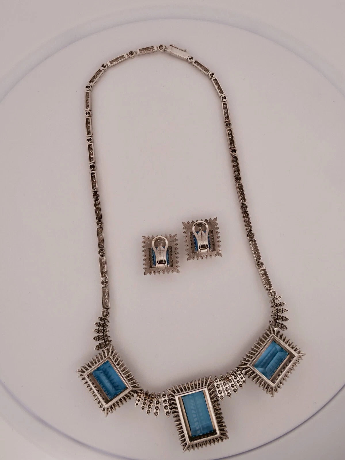 Custom 14K White Gold Natural Aquamarine & Diamond 46CTW Necklace Earring Suite - Devine & Co.