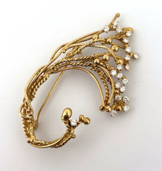 Custom 18K Yellow Gold Diamond Vine 1.00 ctw Natural Diamonds 15.89g Brooch