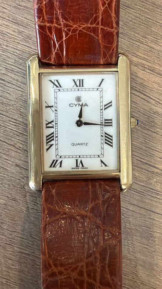 Cyma Swiss Quartz Tank Style Watch 14K Yellow Gold Case Vintage 1990's, alternate view