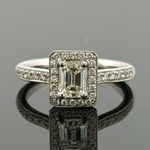 14K White Gold Emerald Cut Diamond Ring 0.72ct VS2 J, Halo Diamonds 0.34ctw