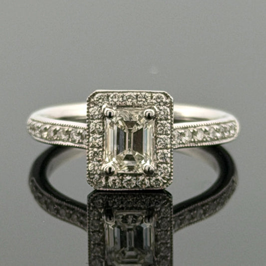 14K White Gold Emerald Cut Diamond Ring 0.72ct VS2 J, Halo Diamonds 0.34ctw by Devine & Co