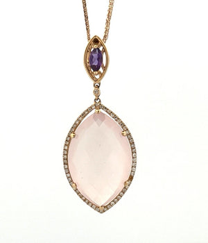 14K Rose Gold Rose Quartz & Amethyst Pendant Necklace 14.3ct Quartz Diamond Halo
