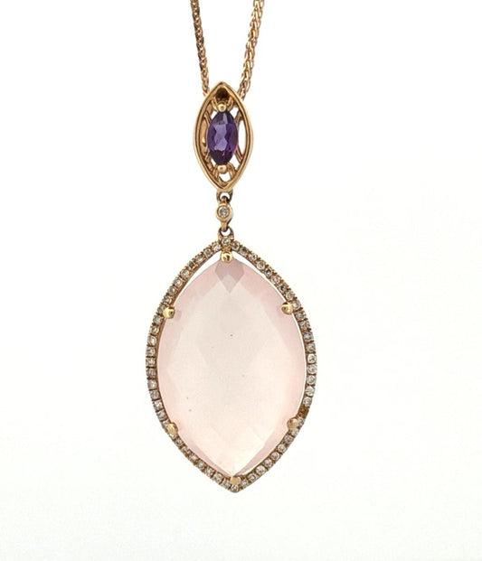 14K Rose Gold Rose Quartz & Amethyst Pendant Necklace 14.3ct Quartz Diamond Halo - Devine & Co.