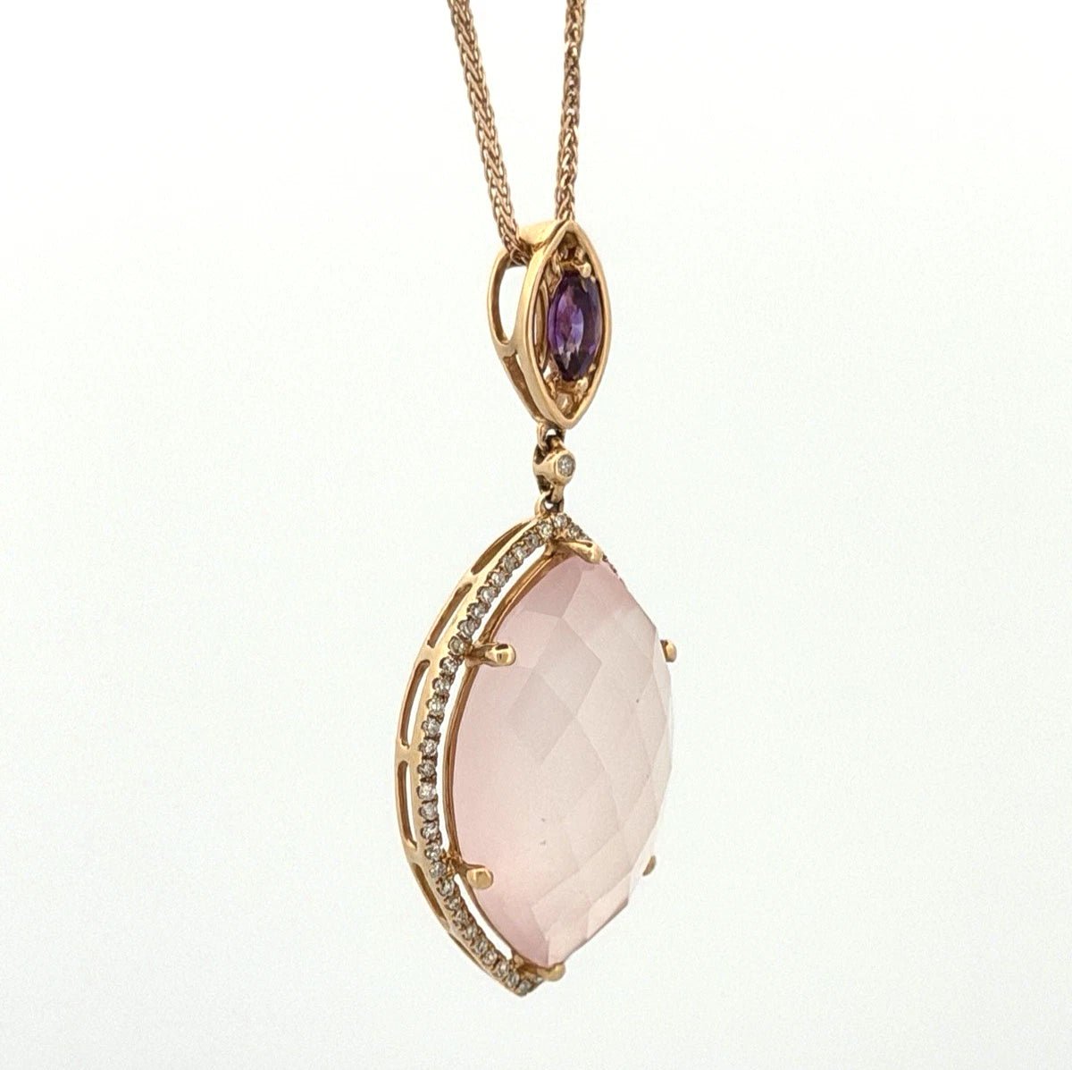 14K Rose Gold Rose Quartz & Amethyst Pendant Necklace 14.3ct Quartz Diamond Halo - Devine & Co.
