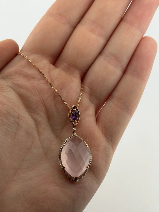 14K Rose Gold Rose Quartz & Amethyst Pendant Necklace 14.3ct Quartz Diamond Halo - Devine & Co.