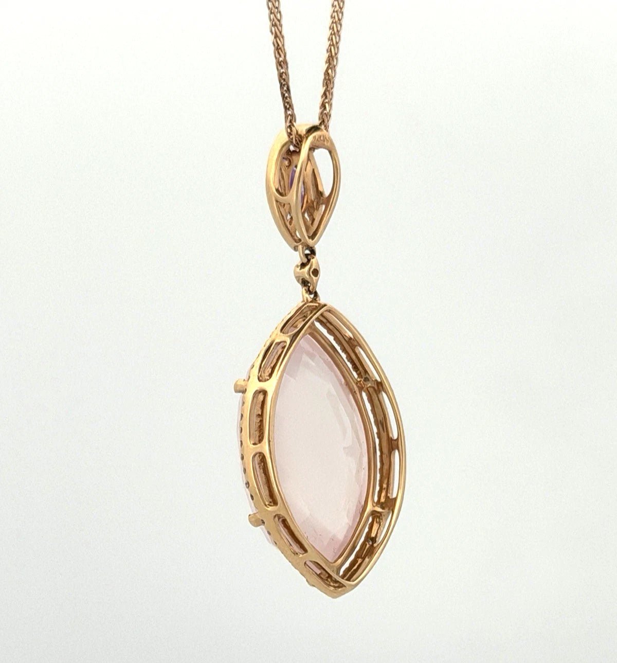 14K Rose Gold Rose Quartz & Amethyst Pendant Necklace 14.3ct Quartz Diamond Halo - Devine & Co.