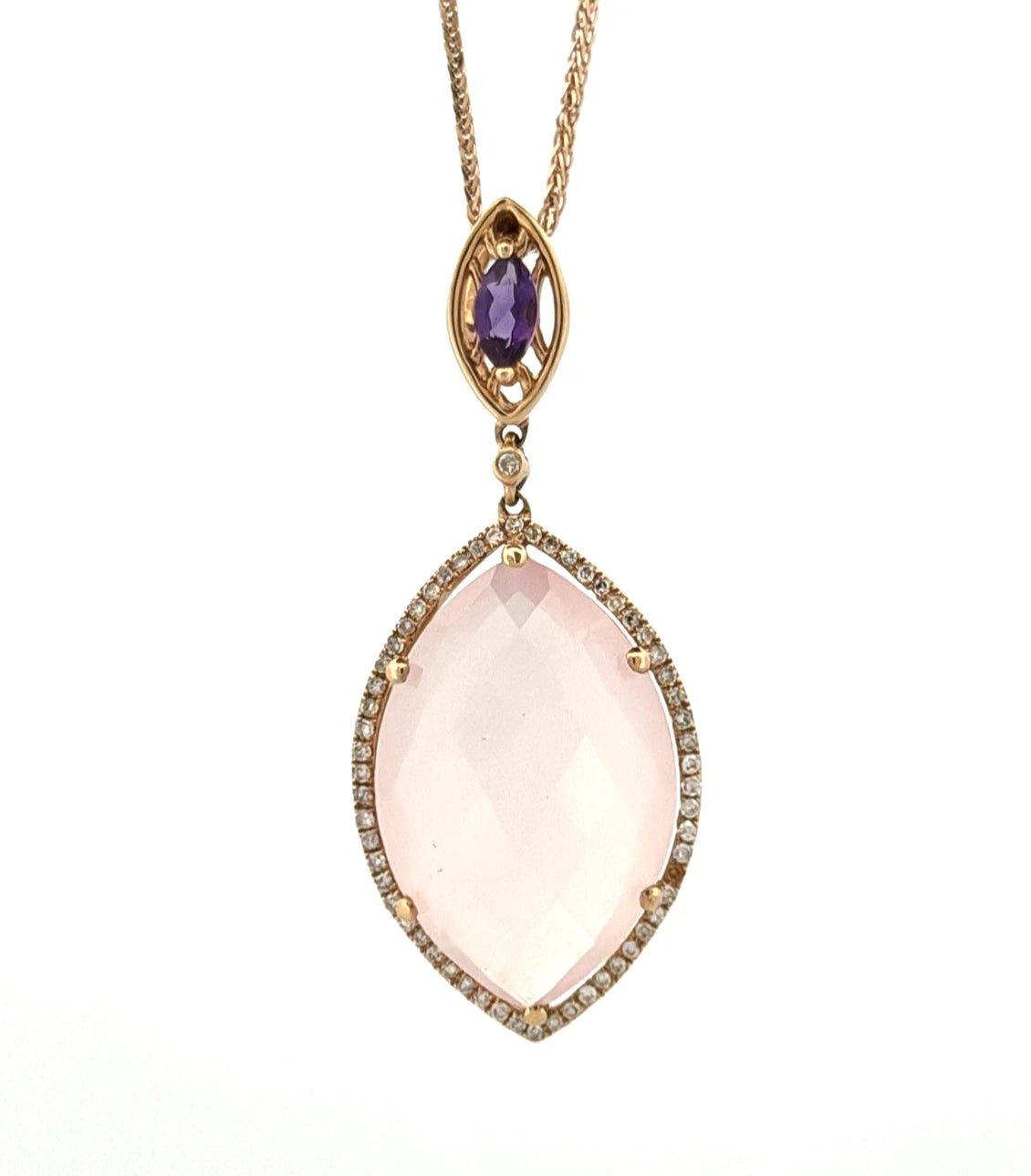 14K Rose Gold Rose Quartz & Amethyst Pendant Necklace 14.3ct Quartz Diamond Halo - Devine & Co.