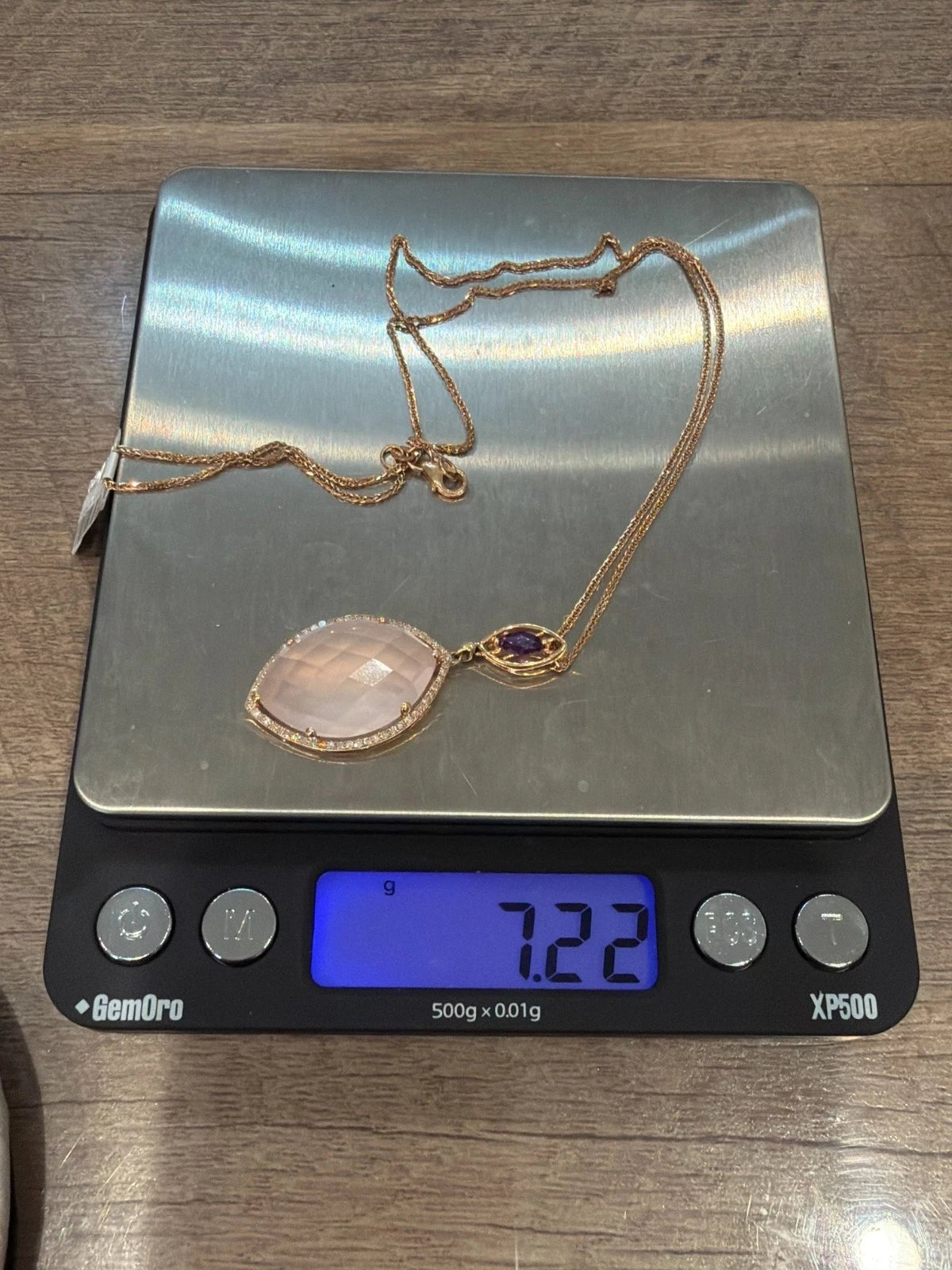 14K Rose Gold Rose Quartz & Amethyst Pendant Necklace 14.3ct Quartz Diamond Halo - Devine & Co.