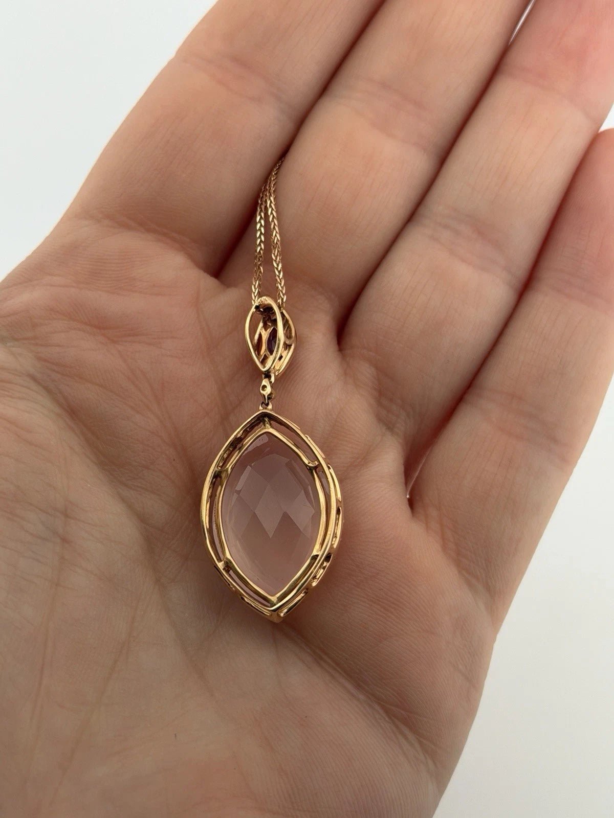 14K Rose Gold Rose Quartz & Amethyst Pendant Necklace 14.3ct Quartz Diamond Halo - Devine & Co.