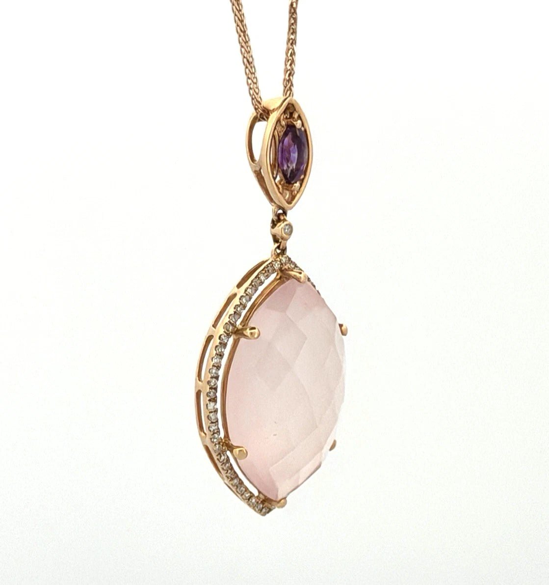 14K Rose Gold Rose Quartz & Amethyst Pendant Necklace 14.3ct Quartz Diamond Halo - Devine & Co.