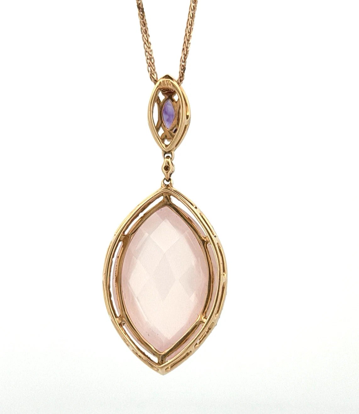 14K Rose Gold Rose Quartz & Amethyst Pendant Necklace 14.3ct Quartz Diamond Halo - Devine & Co.