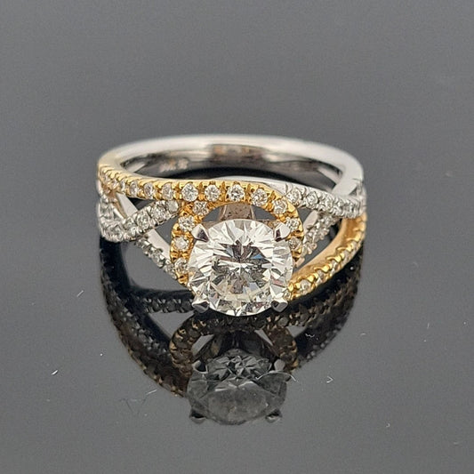14K Two - Tone Diamond Engagement Ring Round 1.52ct GVS2 EGL Halo Bypass Setting - Devine & Co.