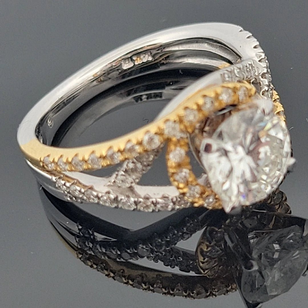 14K Two - Tone Diamond Engagement Ring Round 1.52ct GVS2 EGL Halo Bypass Setting - Devine & Co.