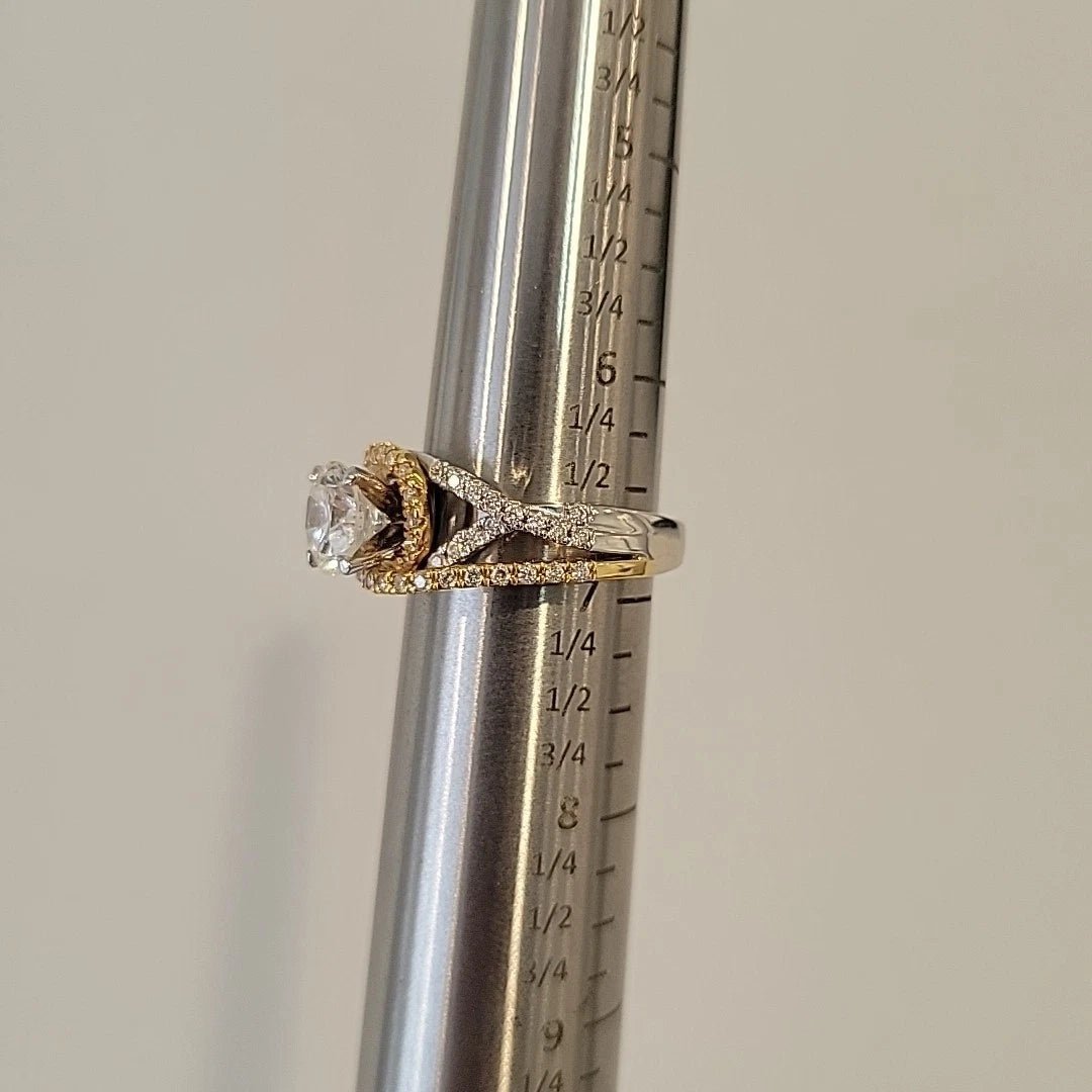 14K Two - Tone Diamond Engagement Ring Round 1.52ct GVS2 EGL Halo Bypass Setting - Devine & Co.