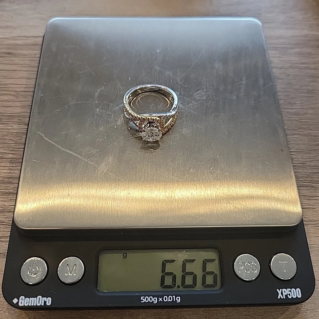 14K Two - Tone Diamond Engagement Ring Round 1.52ct GVS2 EGL Halo Bypass Setting - Devine & Co.