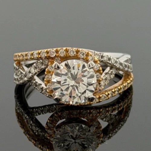 14K Two - Tone Diamond Engagement Ring Round 1.52ct GVS2 EGL Halo Bypass Setting - Devine & Co.