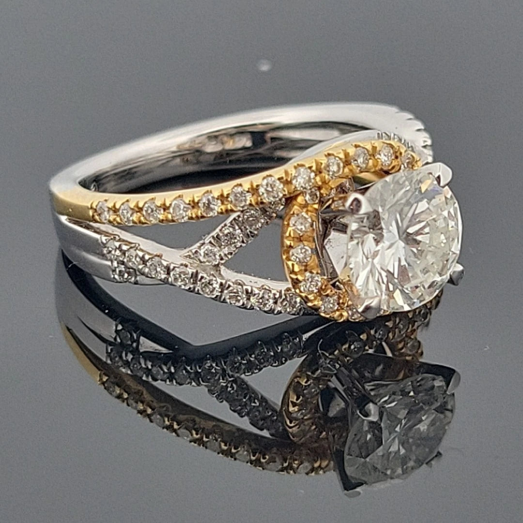 14K Two - Tone Diamond Engagement Ring Round 1.52ct GVS2 EGL Halo Bypass Setting - Devine & Co.