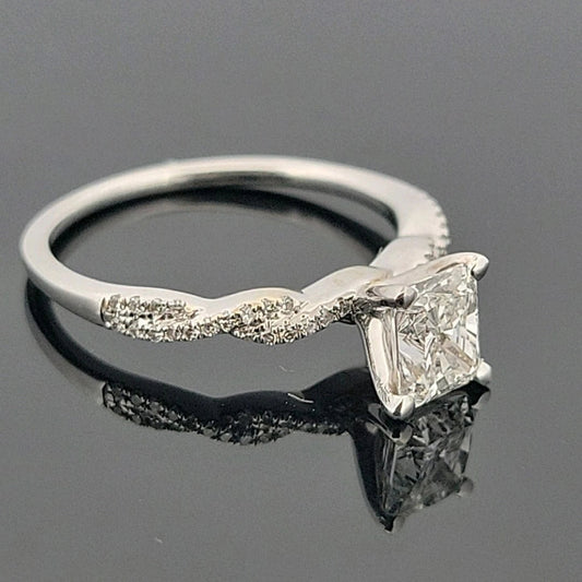 14K White Gold Natural Radiant Cut Diamond Ring 1.01ct F/SI1 GIA Twist Pave - Devine & Co.