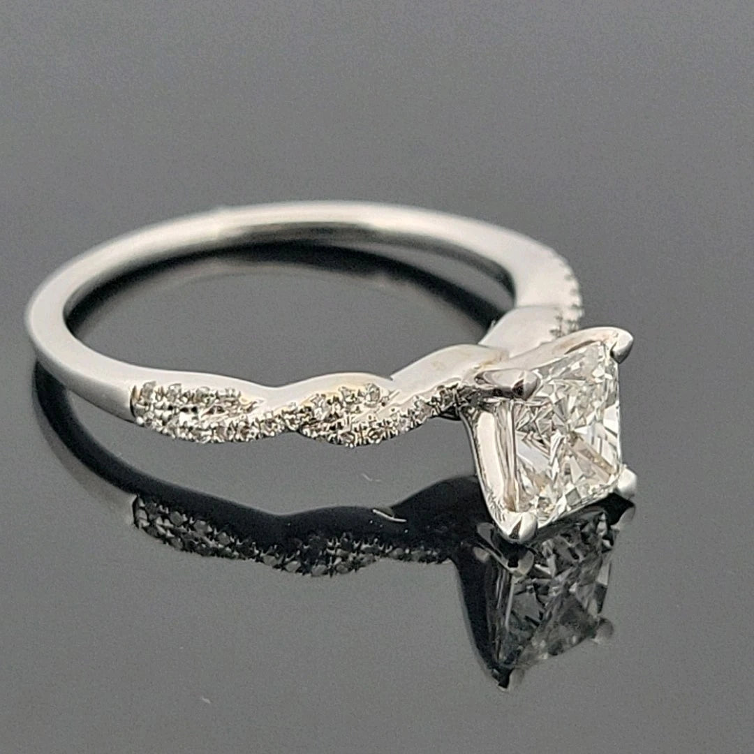14K White Gold Natural Radiant Cut Diamond Ring 1.01ct F/SI1 GIA Twist Pave - Devine & Co.