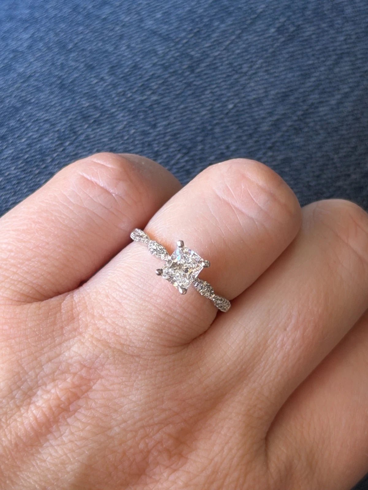 14K White Gold Natural Radiant Cut Diamond Ring 1.01ct F/SI1 GIA Twist Pave - Devine & Co.