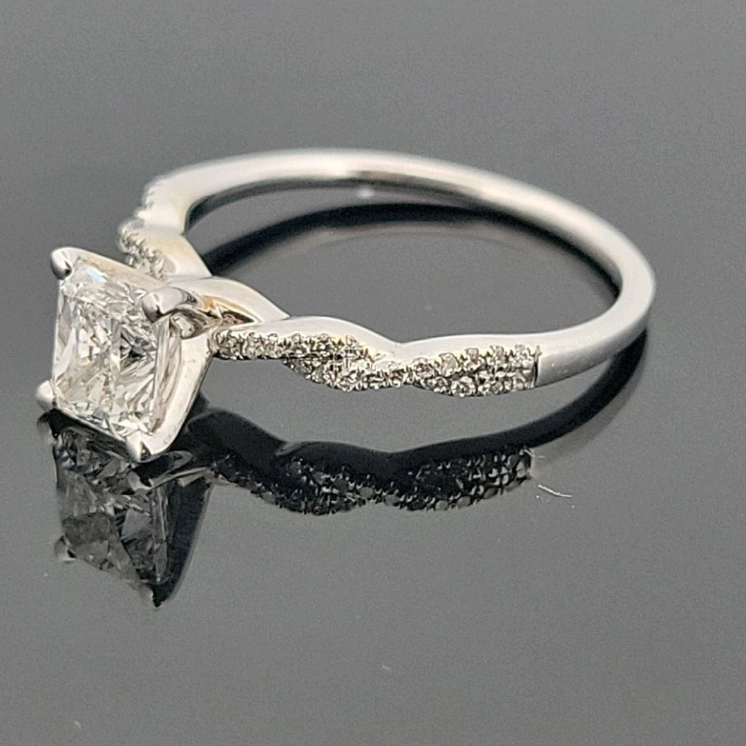 14K White Gold Natural Radiant Cut Diamond Ring 1.01ct F/SI1 GIA Twist Pave - Devine & Co.