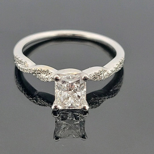 14K White Gold Natural Radiant Cut Diamond Ring 1.01ct F/SI1 GIA Twist Pave - Devine & Co.