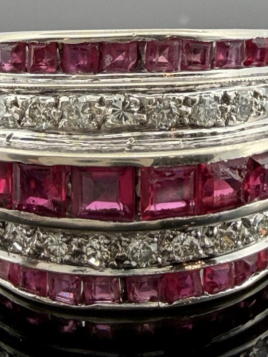 14K White Gold Ruby & Diamond Wide Band Ring Natural Square Rubies Size 7 - Devine & Co.