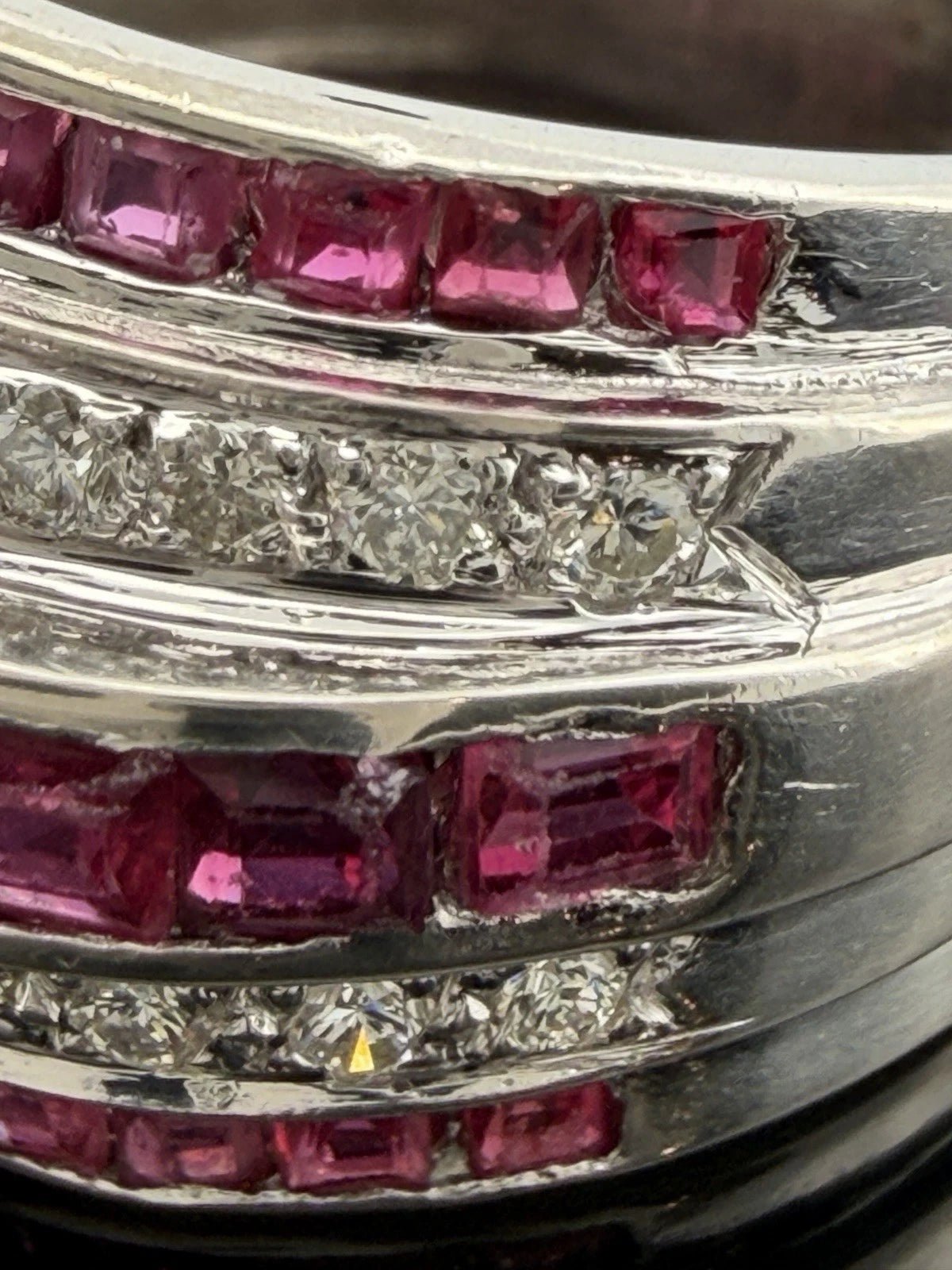 14K White Gold Ruby & Diamond Wide Band Ring Natural Square Rubies Size 7 - Devine & Co.