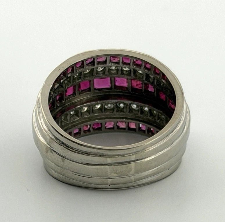 14K White Gold Ruby & Diamond Wide Band Ring Natural Square Rubies Size 7 - Devine & Co.