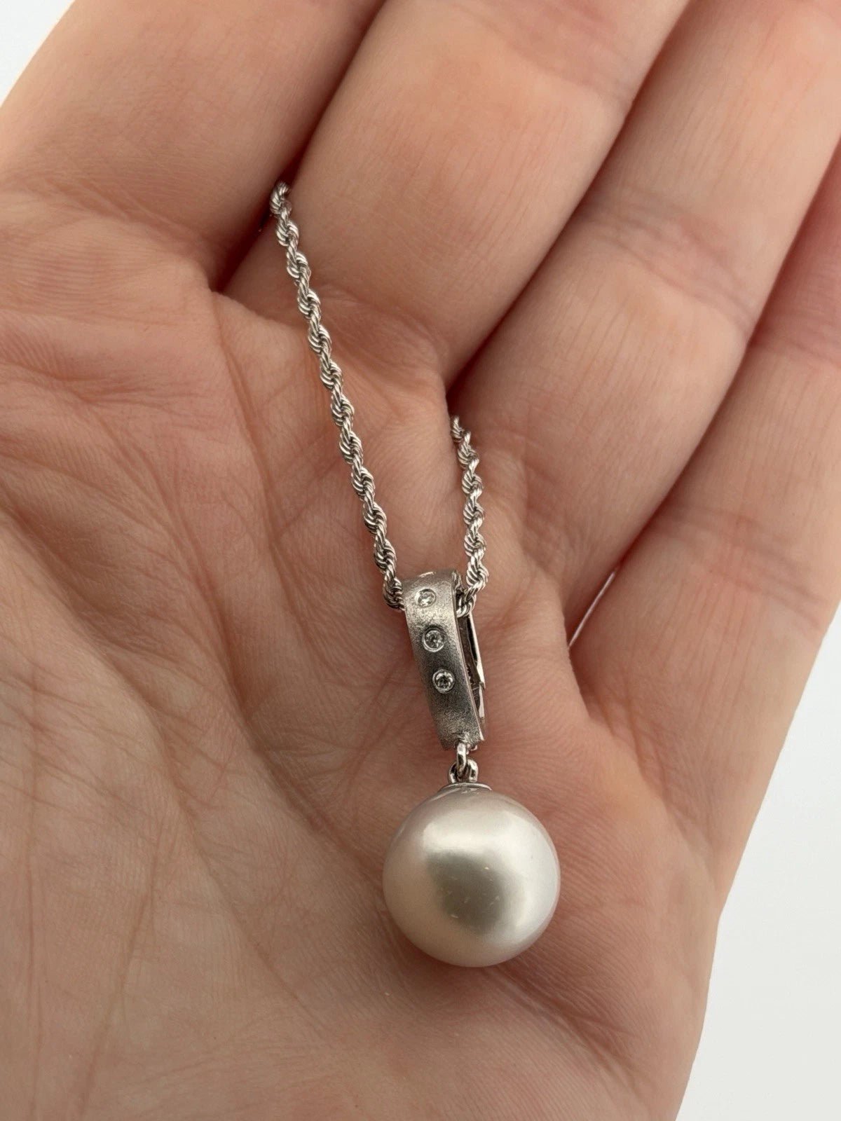 14K White Gold South Sea Pearl Enhancer Pendant Necklace 12mm Pearl & Diamond - Devine & Co.