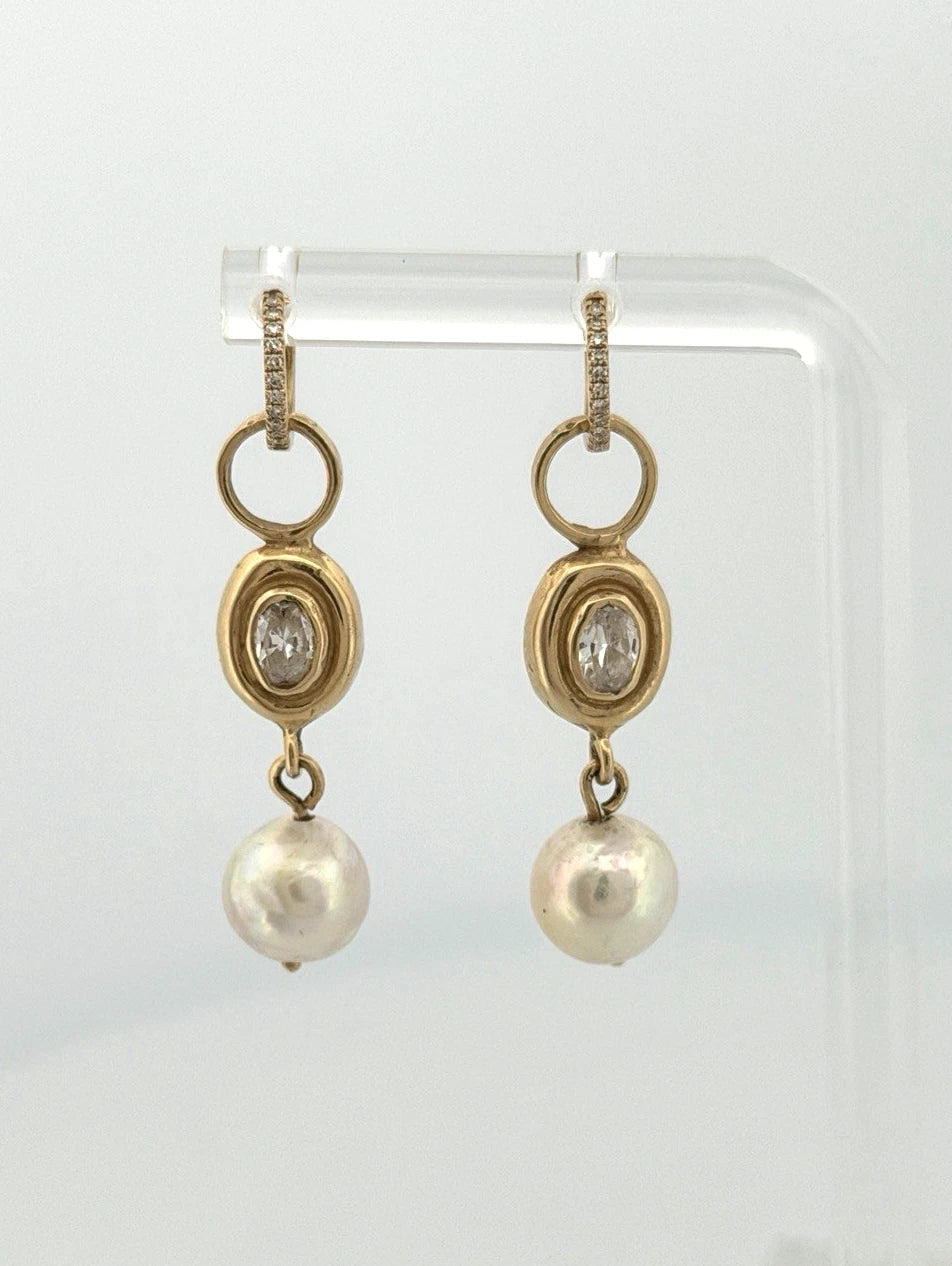 14K Yellow Gold Akoya Pearl, White Topaz & Diamond Dangle Earrings Huggies - Devine & Co.
