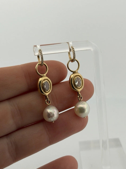 14K Yellow Gold Akoya Pearl, White Topaz & Diamond Dangle Earrings Huggies - Devine & Co.