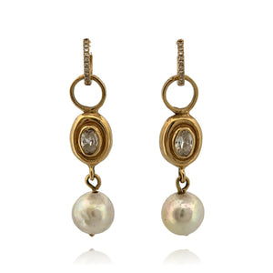 14K Yellow Gold Akoya Pearl, White Topaz & Diamond Dangle Earrings Huggies