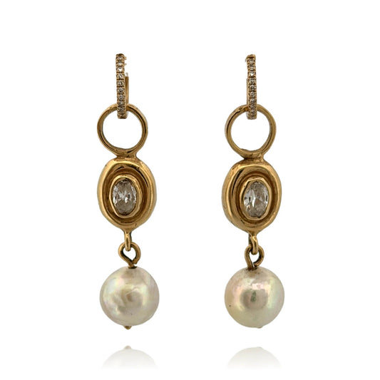 14K Yellow Gold Akoya Pearl, White Topaz & Diamond Dangle Earrings Huggies - Devine & Co.