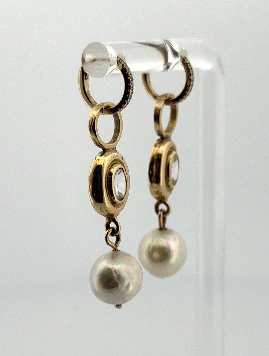 14K Yellow Gold Akoya Pearl, White Topaz & Diamond Dangle Earrings Huggies - Devine & Co.