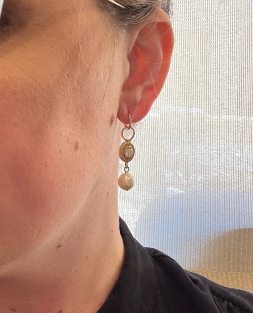 14K Yellow Gold Akoya Pearl, White Topaz & Diamond Dangle Earrings Huggies - Devine & Co.