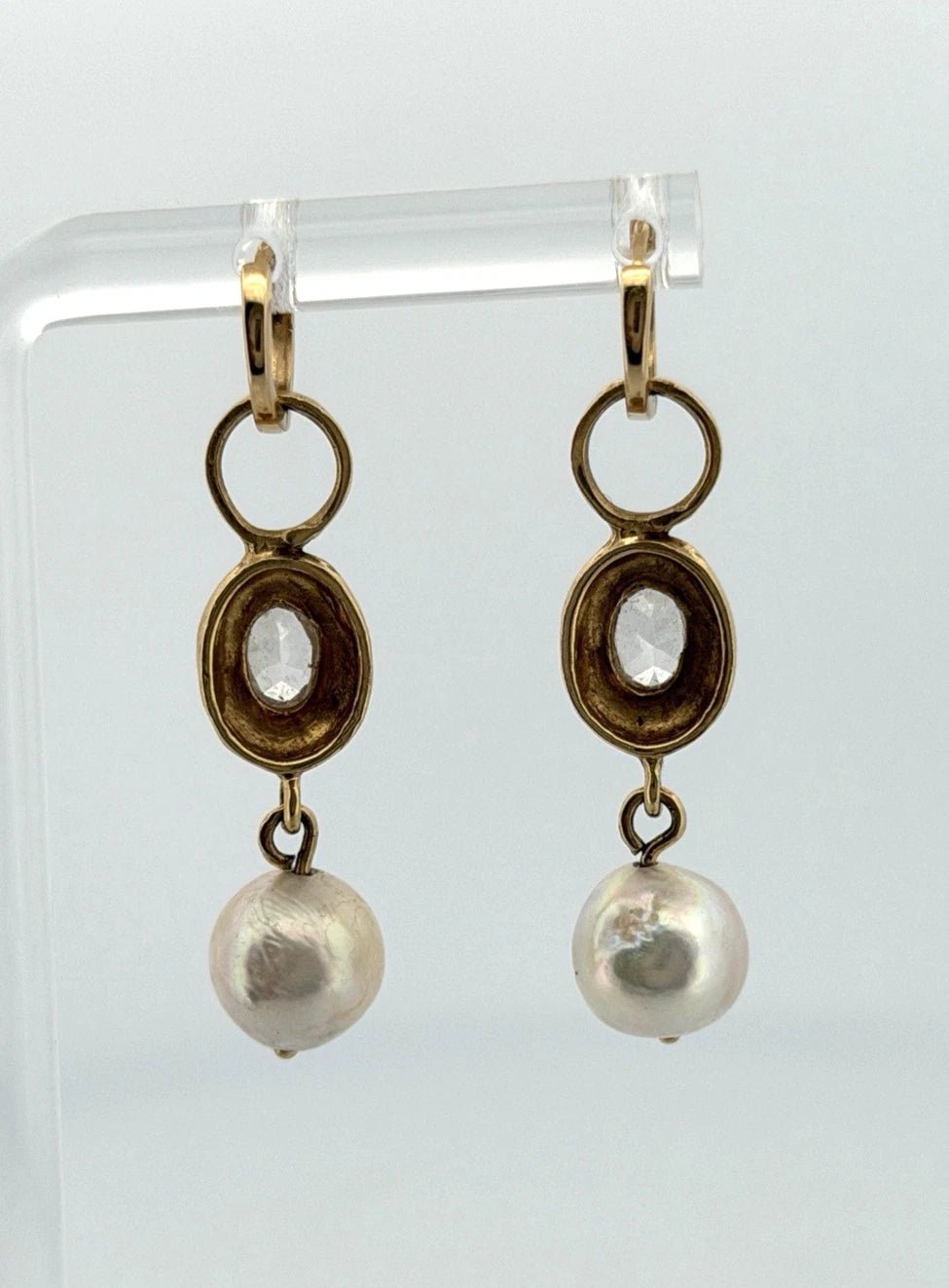 14K Yellow Gold Akoya Pearl, White Topaz & Diamond Dangle Earrings Huggies - Devine & Co.