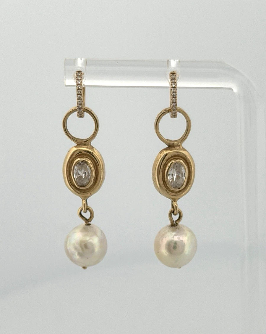 14K Yellow Gold Akoya Pearl, White Topaz & Diamond Dangle Earrings Huggies - Devine & Co.